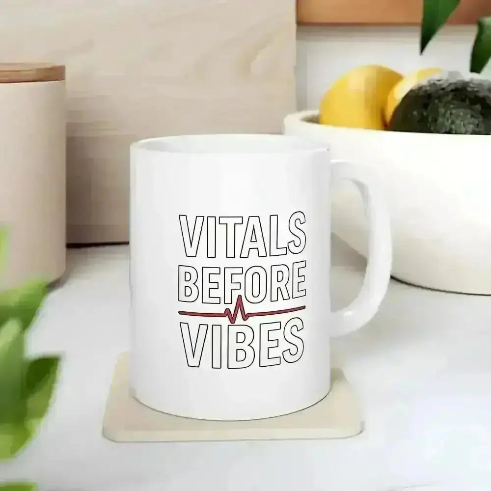Vitals Before Vibes Caffeine Mug.