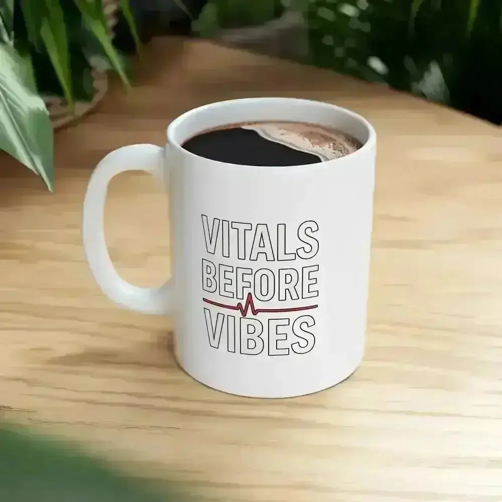 Vitals Before Vibes Caffeine Mug.