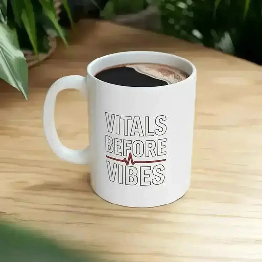 Vitals Before Vibes Caffeine Mug.